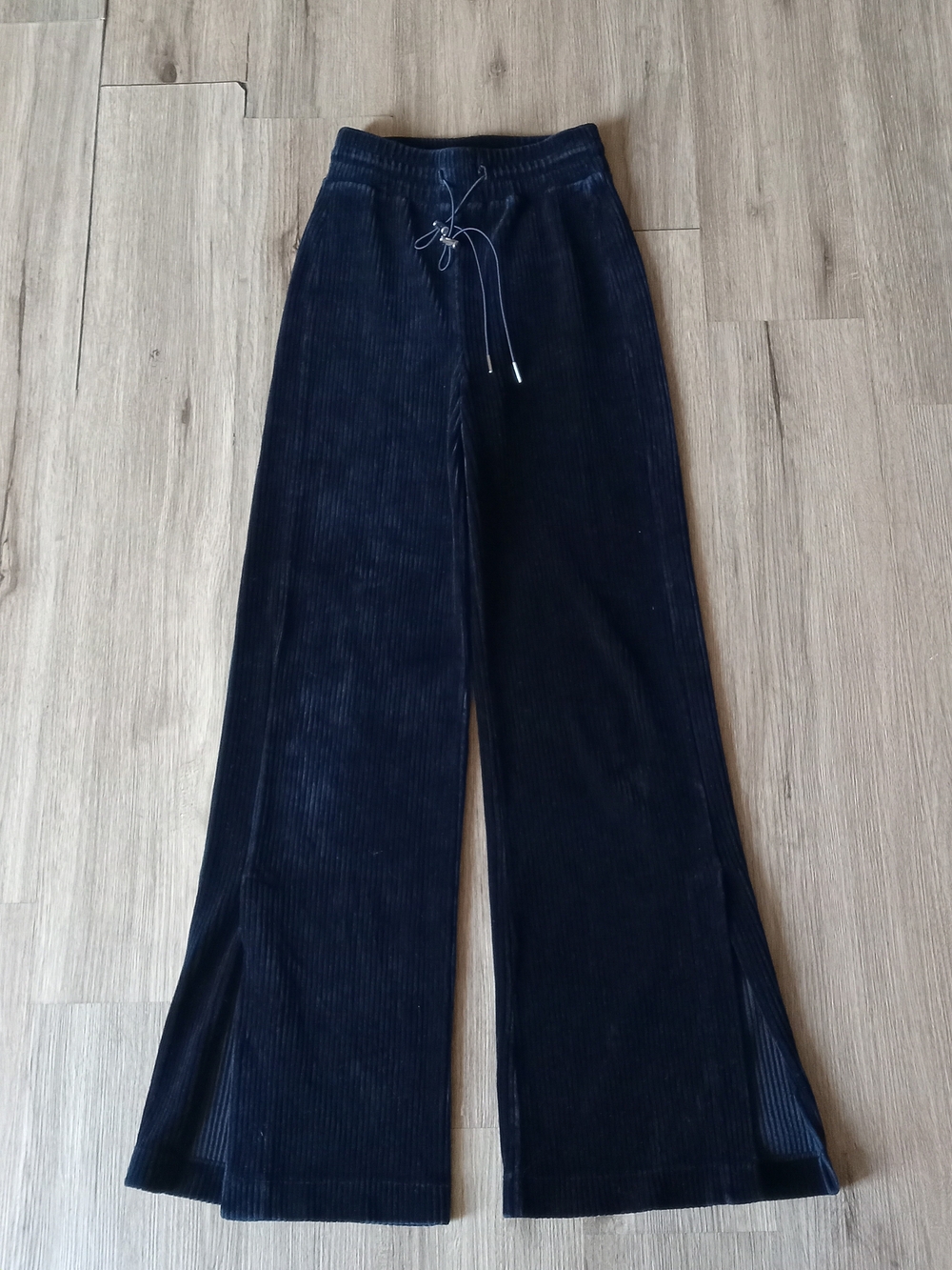 NYLORA Navy Blue Velvet Ribbed Flared Pants with Slit
